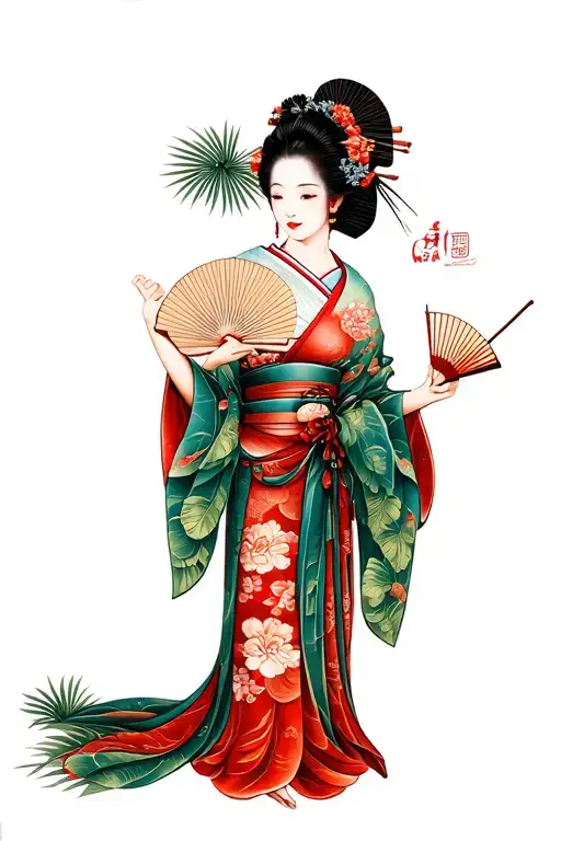 Full Body Traditional Japanese Geisha Holding A Fan Palm Leaf
