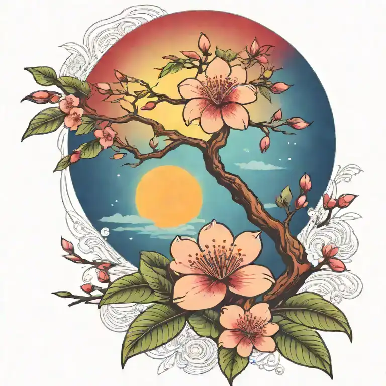 Cherry Blossom Branch And Tree Of Life Sun And Moon Flowers Red Ancient Egypt