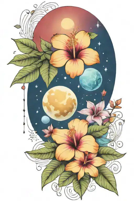 Hibiscus And Plumerias And Planets Stars And Nebulas And Ancient Egypt