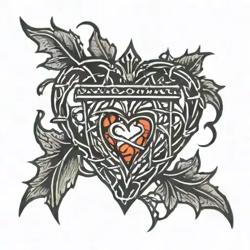 A Simple Black Thin Line Crown Of Thorns Heart With Some Thin Smoky Red Veins