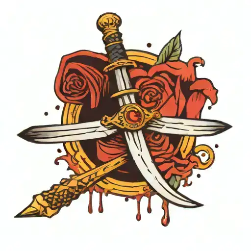 A Traditional Style Tattoo Of A Circle Dripping Blood With A Book And Sword Inside