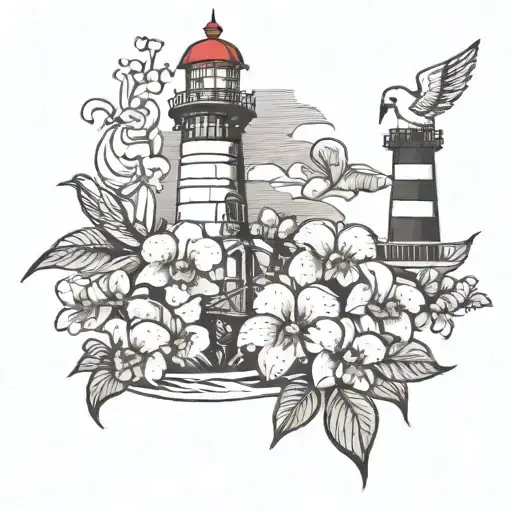 Lighthouse With Orchids And Shells A Dove And Beachchair