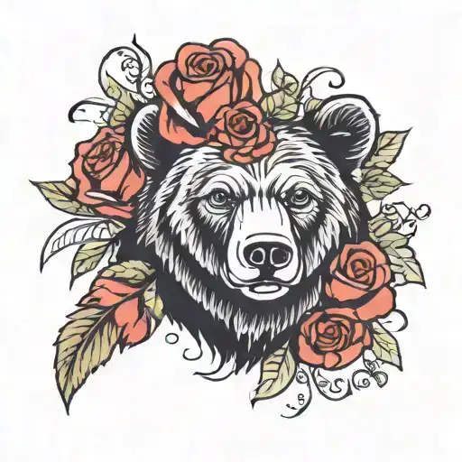 A Traditional Black Bear Design Incorporating Roses And Traditional Botanical Elements