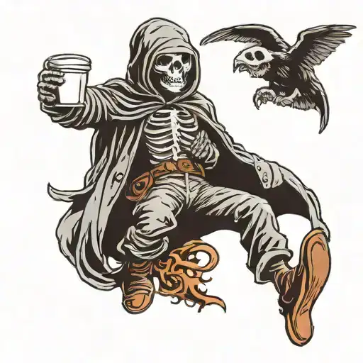Grim Reaper Skydiving With Parachute With A Coffee Cup In Hand Holding
