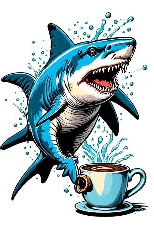 Traditional Shark Jumping Out Of Coffee Mug Overflowing