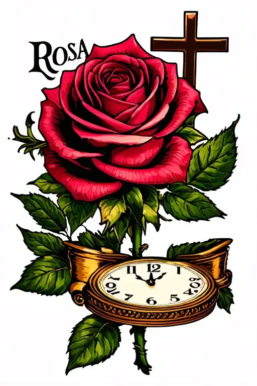 Rose With The Name Rosa On The Stem And Cross On The Bottom And Clock On The Top