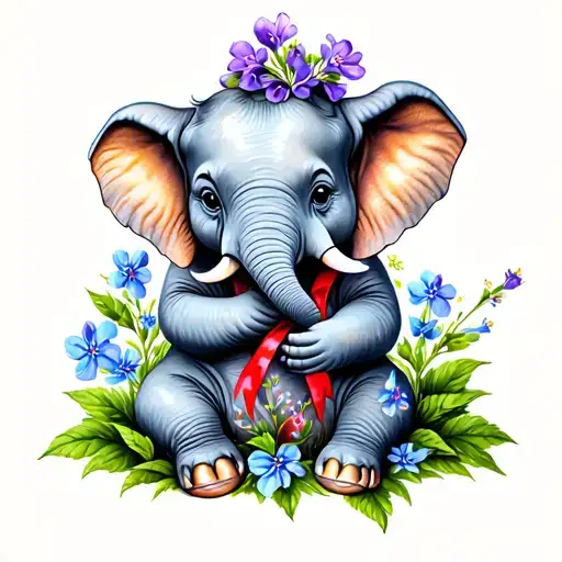 Baby Elephant Sitting On Forget Me Not Flowers Holding A Purple And Red Ribbon Up With It's Trunk