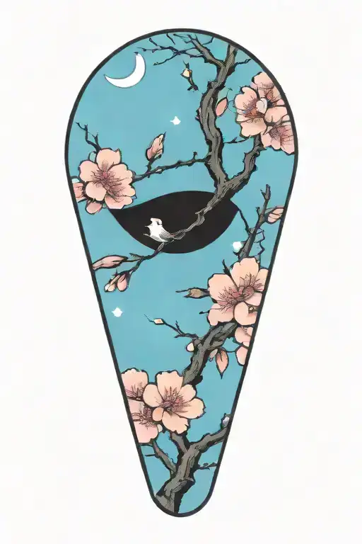 Sakura Branch With Flowers With Moon Offset In Background