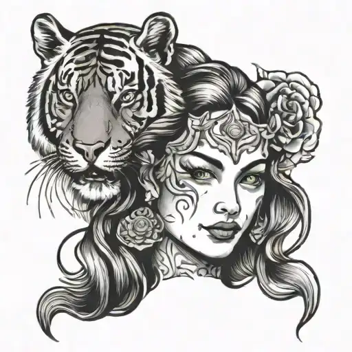 Woman And Tiger Head