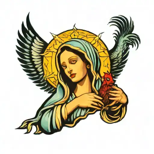 The Virgin Mary Holding A Rooster Into The Sun While Crying Catholic
