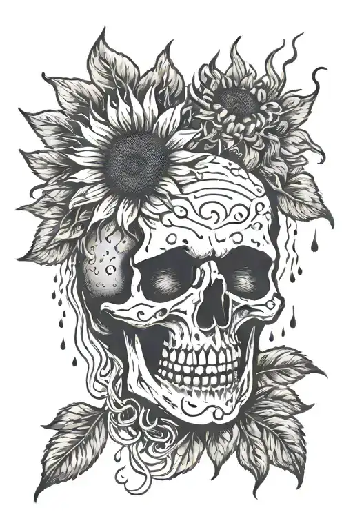 A Skull Crying Onto A Rain Cloud Which Waters A Sunflower Below It With A Smiley Face