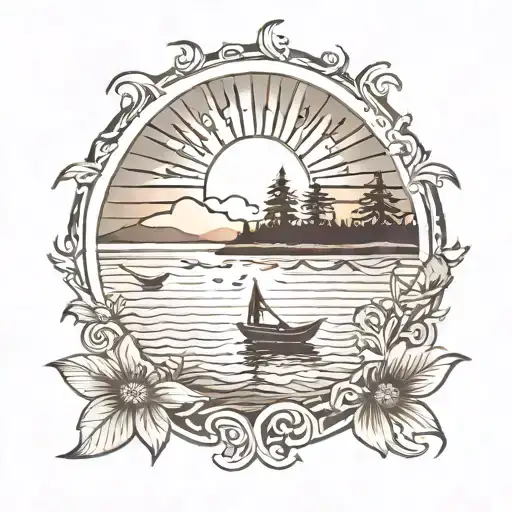 Sun Setting And Lake Scene