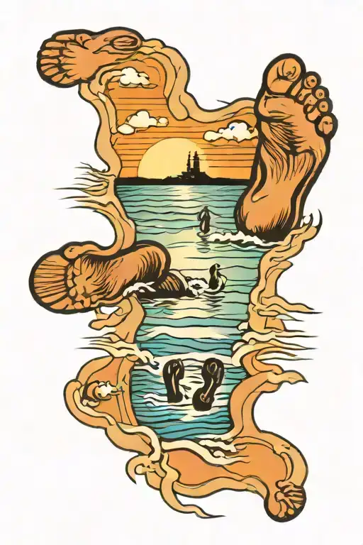 Footprints On Beach Sunset