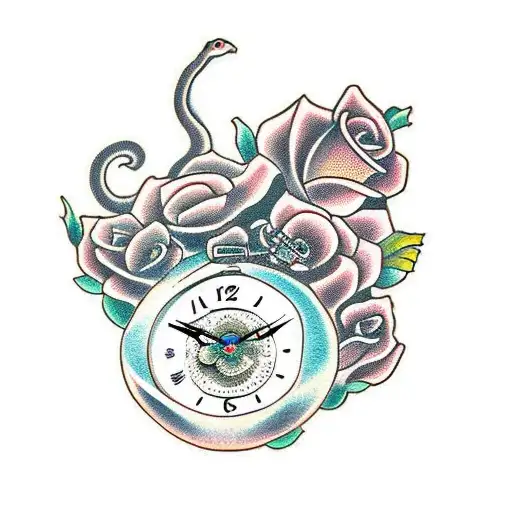 Snake With Clock And Roses
