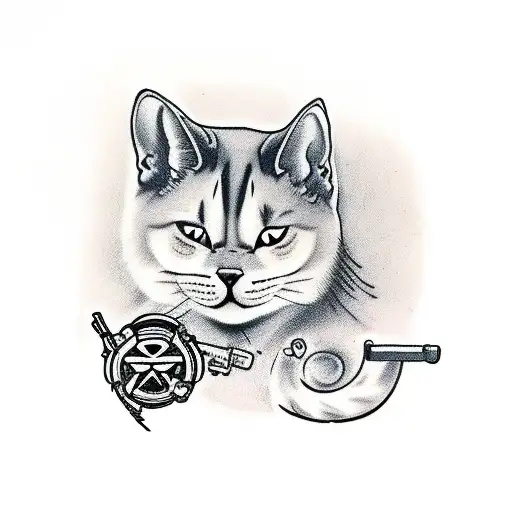 A Cat With A Gun Riding An Akita Inu