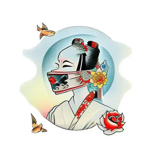 Geisha With Mask And Koi Fish