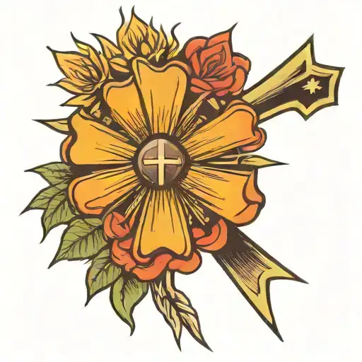 Cross With Sun Rays And One Flower