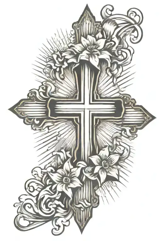 Cross With Sun Rays And One Flower
