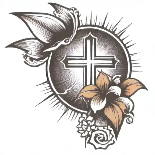 Cross With Sun Rays And One Flower