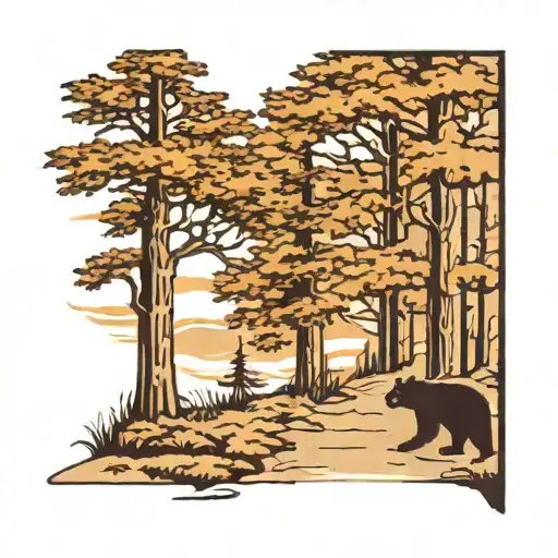 Tree On Both Sides Of A Path With A Black Bear Walking Up That Path Looking At You