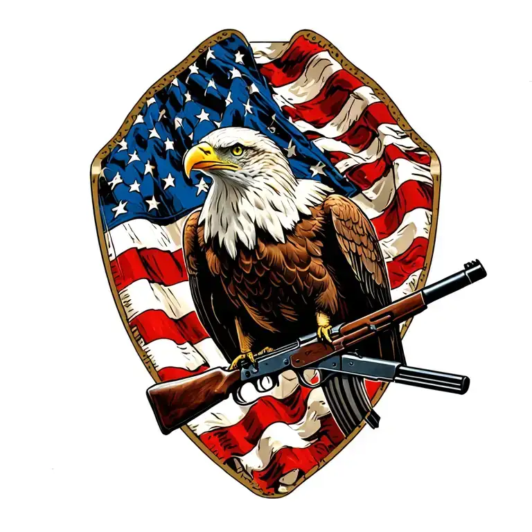 A Patriotic Bald Eagle Perched On A Rifle With An American Flag In The Background