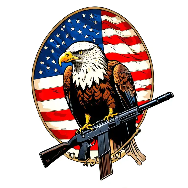 A Patriotic Bald Eagle Perched On A Rifle With An American Flag In The Background