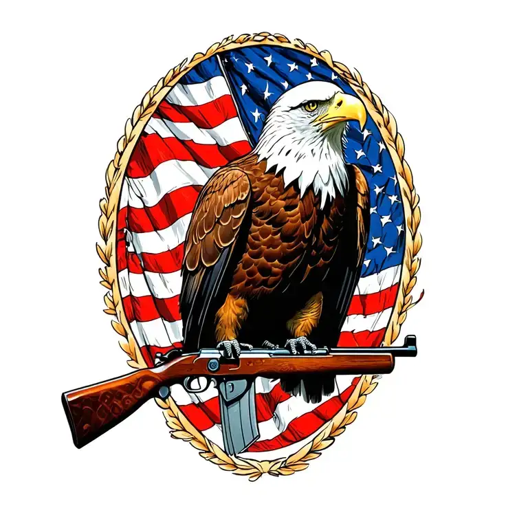 A Patriotic Bald Eagle Perched On A Rifle With An American Flag In The Background