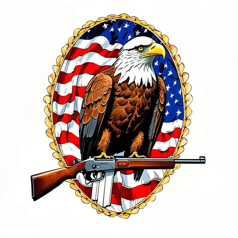 A Patriotic Bald Eagle Perched On A Rifle With An American Flag In The Background