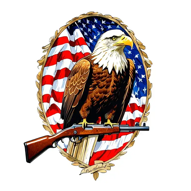 A Patriotic Bald Eagle Perched On A Rifle With An American Flag In The Background