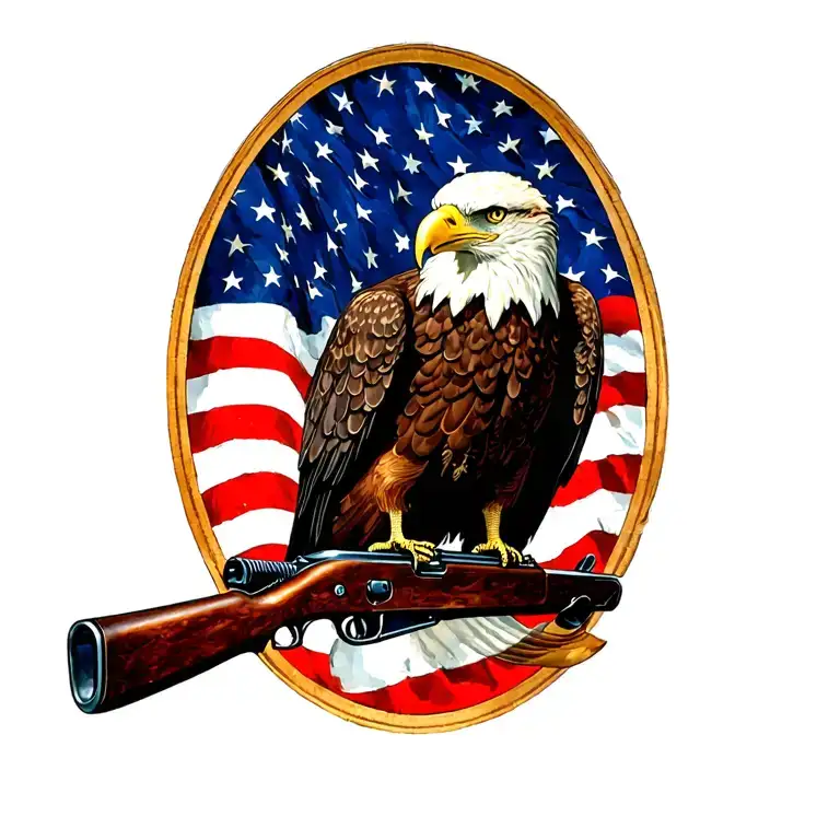 A Patriotic Bald Eagle Perched On A Rifle With An American Flag In The Background