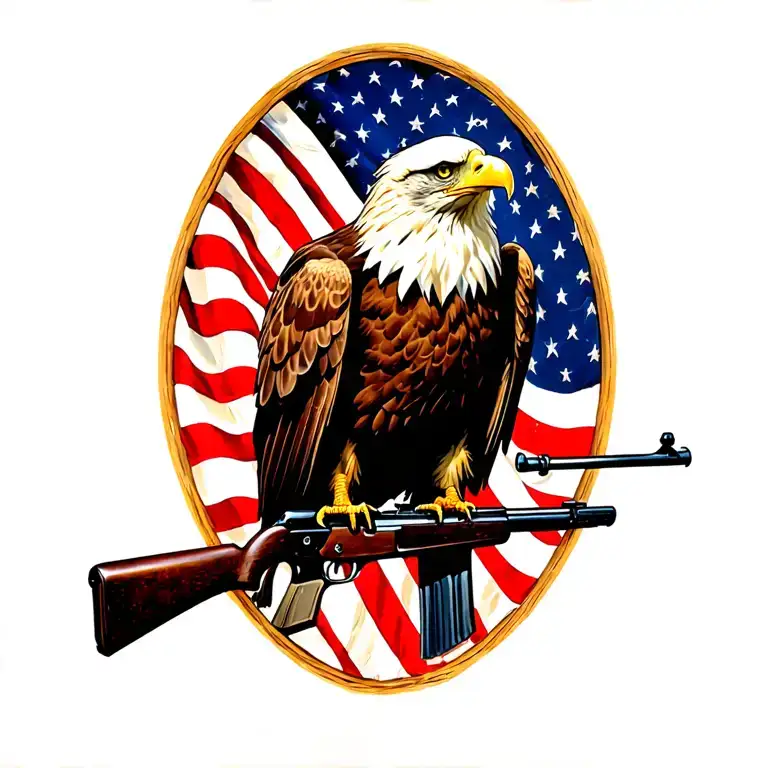 A Patriotic Bald Eagle Perched On A Rifle With An American Flag In The Background