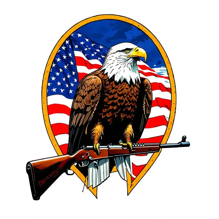 A Patriotic Bald Eagle Perched On A Rifle With An American Flag In The Background