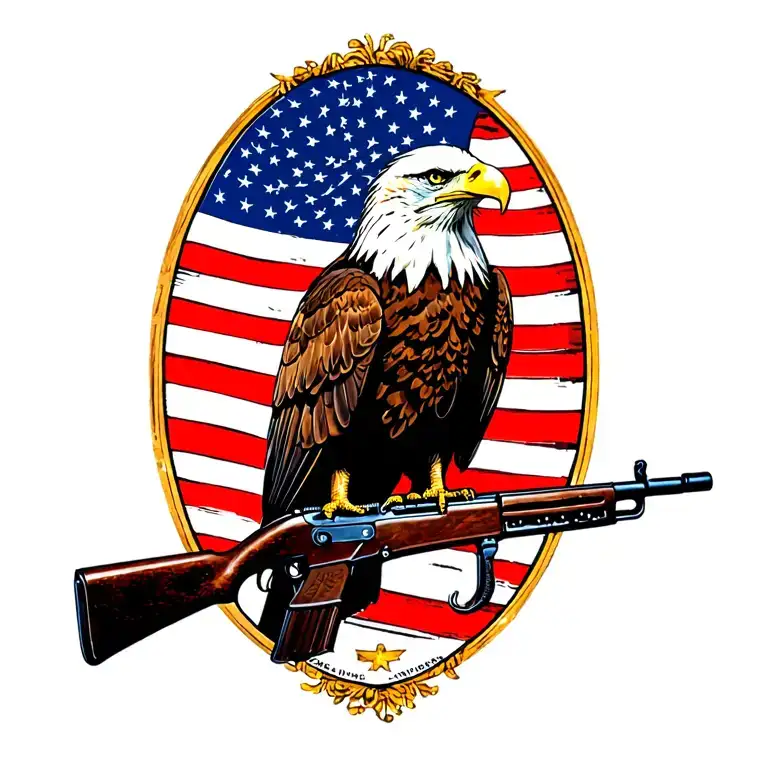 A Patriotic Bald Eagle Perched On A Rifle With An American Flag In The Background