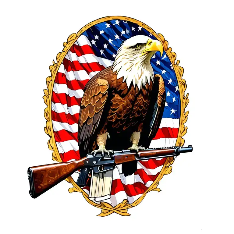 A Patriotic Bald Eagle Perched On A Rifle With An American Flag In The Background