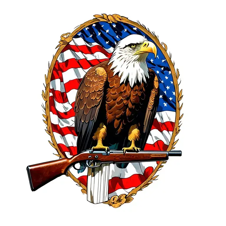 A Patriotic Bald Eagle Perched On A Rifle With An American Flag In The Background