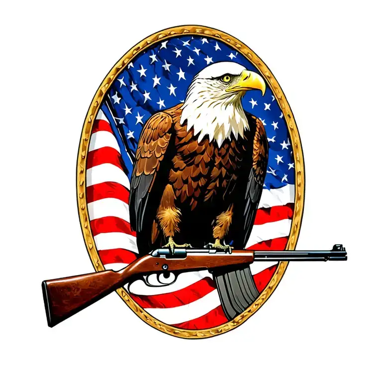 A Patriotic Bald Eagle Perched On A Rifle With An American Flag In The Background