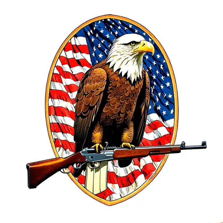 A Patriotic Bald Eagle Perched On A Rifle With An American Flag In The Background