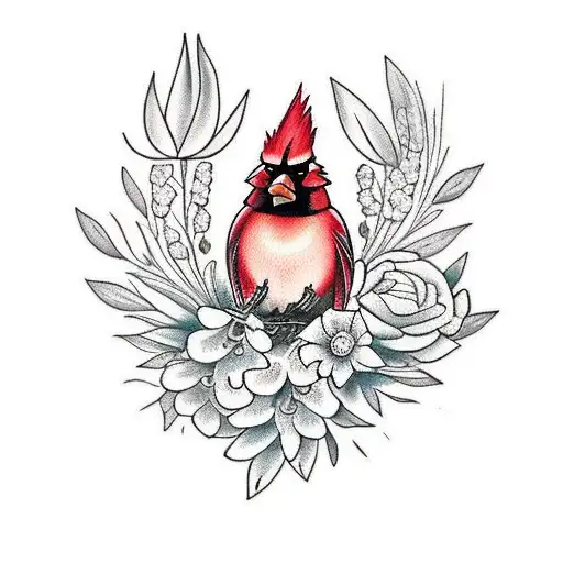 A Cardinal With Larkspur And Mums