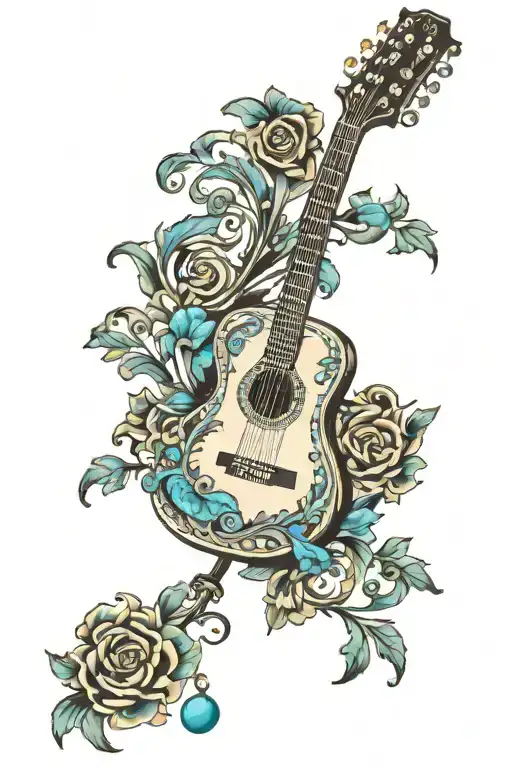 Acoustic Guitar Surrounded By Western Scrollwork With Turquoise Beads
