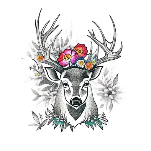 Deer And A Wild Boar In A Forest With Flowers