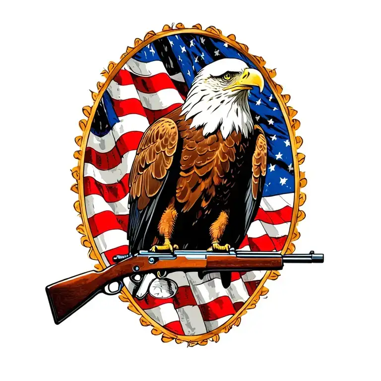 A Patriotic Bald Eagle Perched On A Rifle With An American Flag In The Background