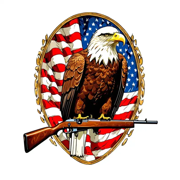 A Patriotic Bald Eagle Perched On A Rifle With An American Flag In The Background