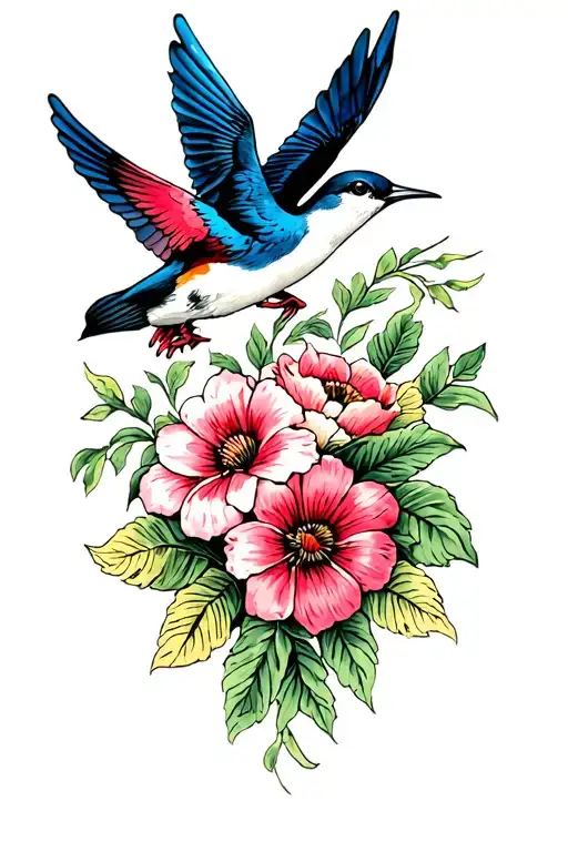 Two Swallows And Flowers