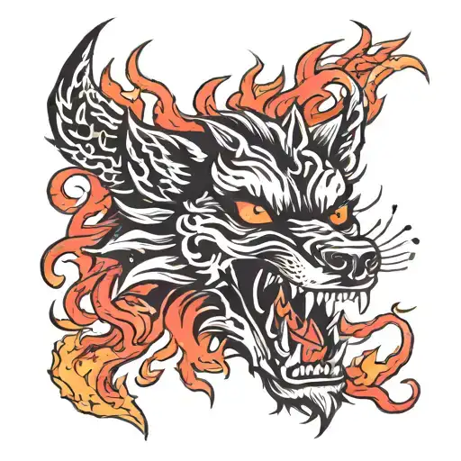 Wolf Demon With Fire Flames Red And Black Lettering