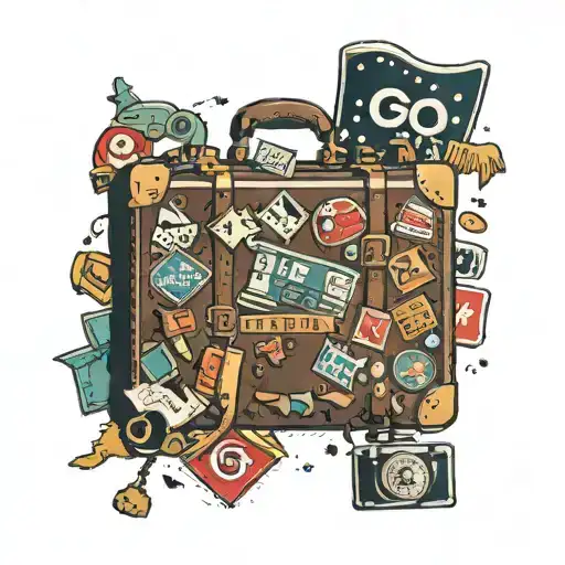 A Traditional Style Tattoo Of A Vintage Suitcase Covered In Travel Stickers Featuring Gaming Logos