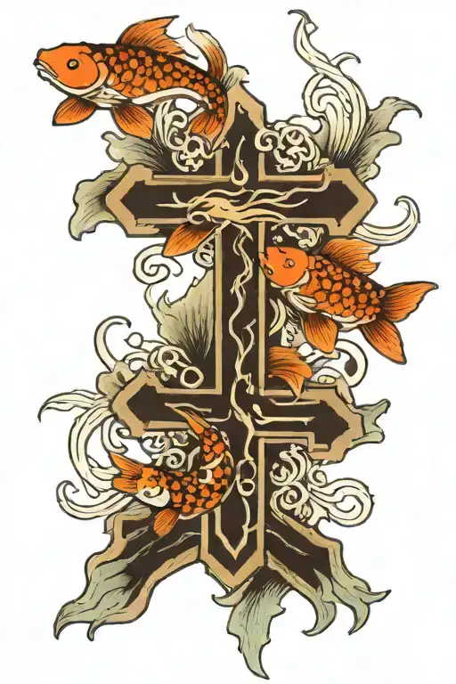 A Cross Surrounded By 2 Koi Fish
