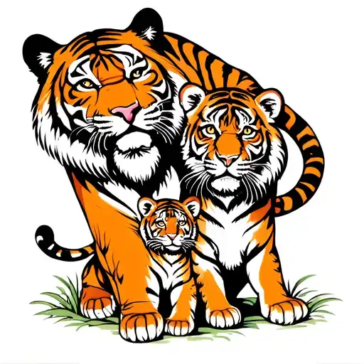 Dad Tiger Protecting His Young Tiger Cub Playing Together