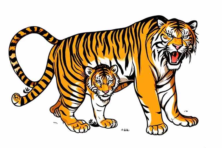 Dad Tiger Protecting His Young Tiger Cub From An Attack