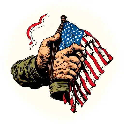 A Soldier's Hand Holding A Folded American Flag With A Tearful Salute