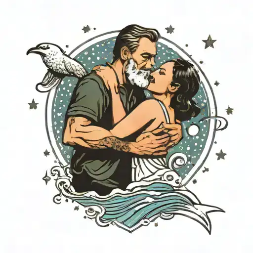 A Father Holding His Wife And Hugging His Daughter And Son In A Sky Full Of Stars By The Seashore